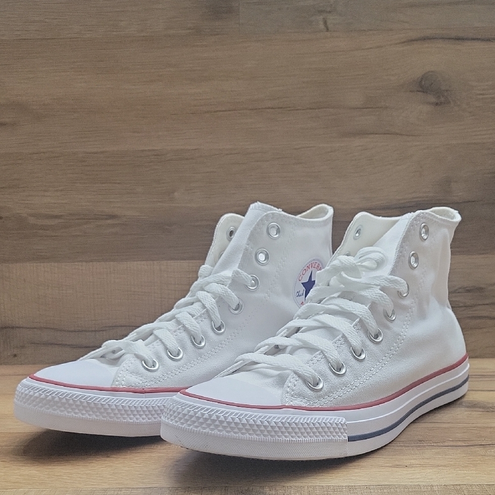 Converse White Canvas High-Tops with Red and Blue Trim